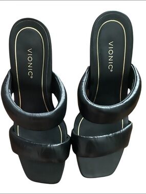 Vionic Black Padded Thong Sandals Block Heel Square Toe Sz 8